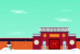 矢量中式下雪的庭院大门素材