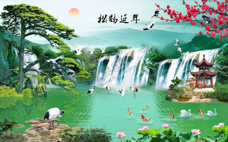 编号：68788709261511327943【酷图网】源文件下载-迎客松鹤瀑布背景墙