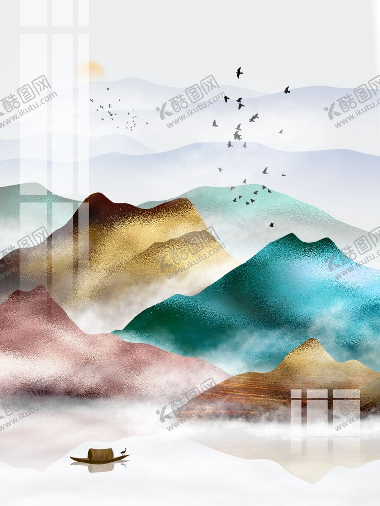 编号：16203709191142461722【酷图网】源文件下载-手绘轻奢金箔质感山水装饰画