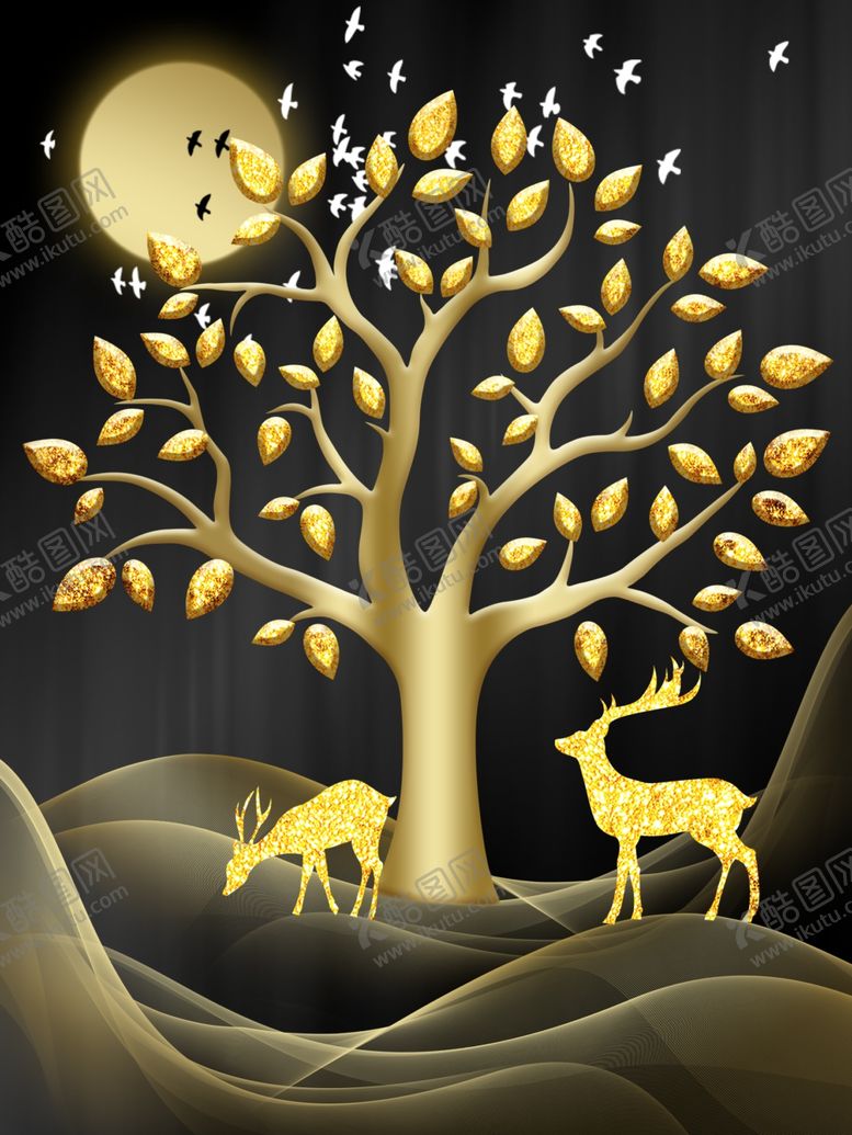 编号：83222810290755155463【酷图网】源文件下载-发财树麋鹿装饰画