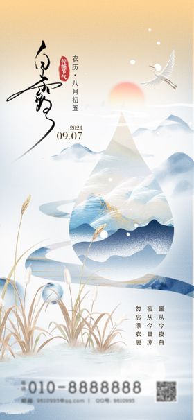 白露节气海报插画水滴芦苇