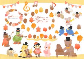秋季欢乐儿童与动物插画