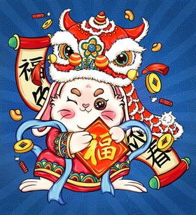 红色国潮插画风新年兔子兔年生肖