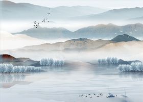 水墨山水小船意境背景墙
