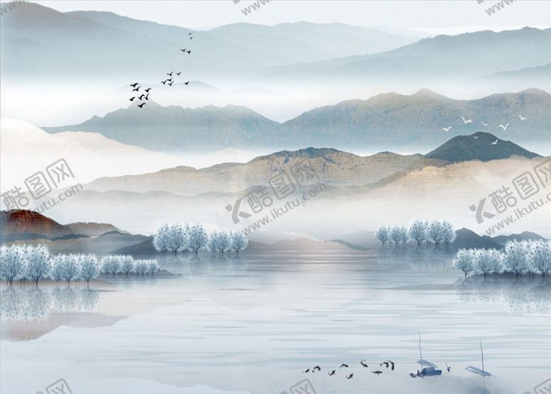 编号：12885506170421294252【酷图网】源文件下载-水墨山水小船背景墙