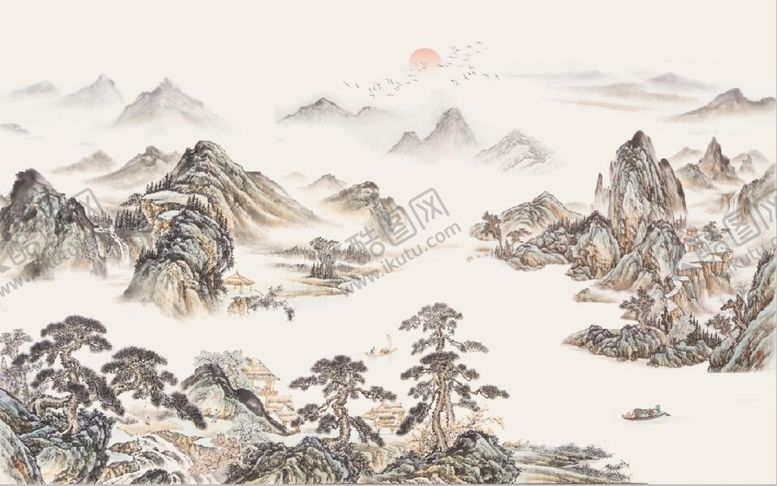 编号：10724909122319493086【酷图网】源文件下载-仿古青绿山水国画电视背景墙