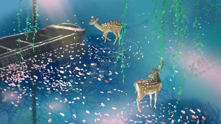 编号：90333209242133011835【酷图网】源文件下载-小鹿小舟清新插画卡通背景素材