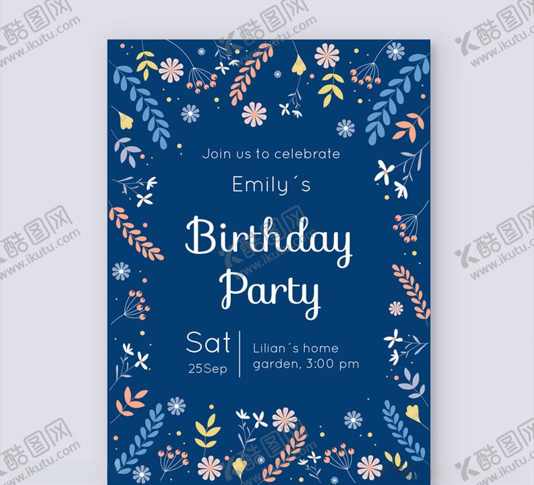 编号：17118409171356334349【酷图网】源文件下载-蓝色花卉生日派对传单