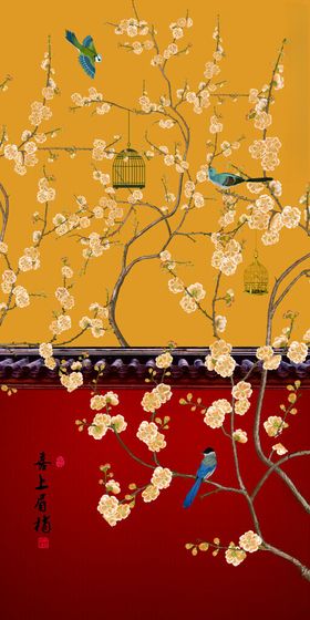 中式花鸟古建筑背景图