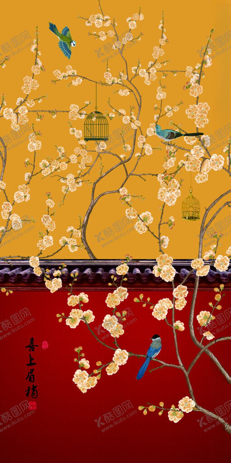 编号：55451404030837446884【酷图网】源文件下载-中式花鸟古建筑背景图