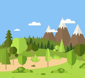 扁平化雪山与森林风景矢量图