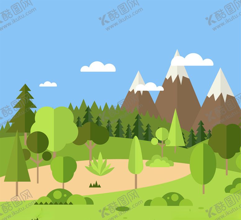 编号：43911211012017354800【酷图网】源文件下载-扁平化雪山与森林风景矢量图