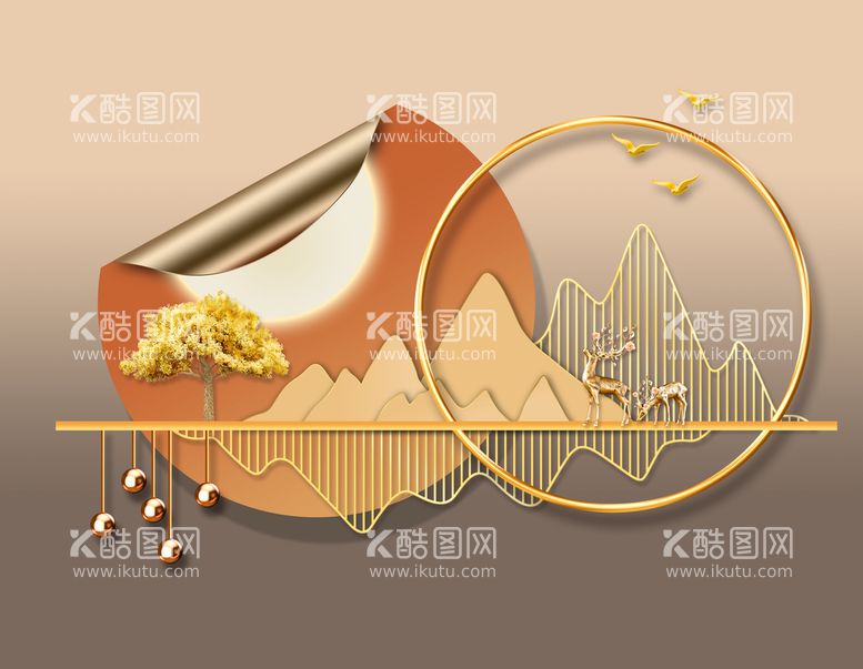 编号：61461811201035494039【酷图网】源文件下载-几何麋鹿山水装饰画