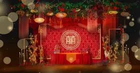 中式婚礼背景舞台红色简约韩