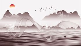 水墨山水飘带大雁太阳