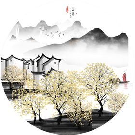 麋鹿水墨风景画圆形挂画装饰画