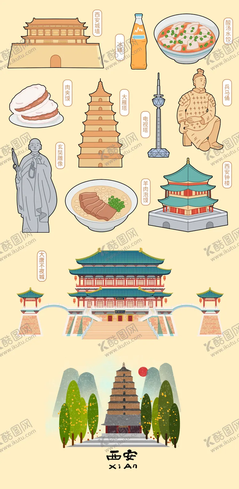 编号：15044307021541005754【酷图网】源文件下载-西安地标插画贴纸