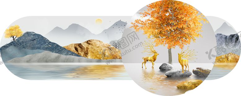编号：78361510090357187984【酷图网】源文件下载-麋鹿发财树金色山水装饰画