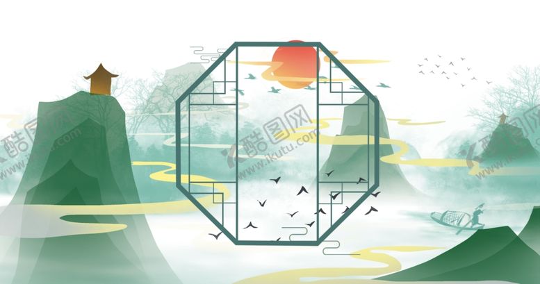编号：34723309232100465853【酷图网】源文件下载-中式窗框山水画背景