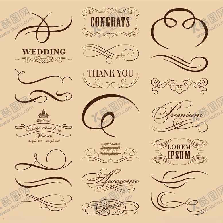 编号：75438911142042023638【酷图网】源文件下载-复古婚礼装饰性书法元素