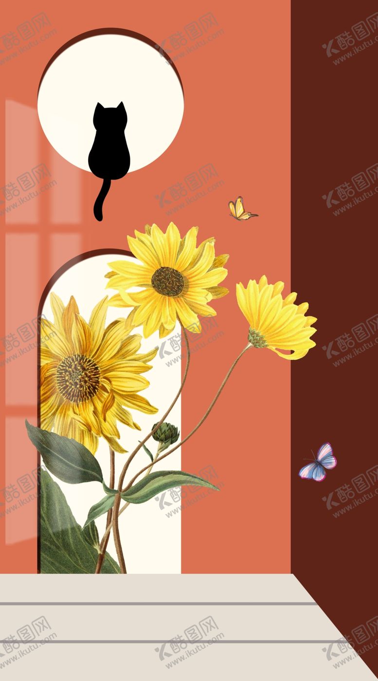 编号：96014309150715358345【酷图网】源文件下载-手绘向日葵猫咪装饰画玄关