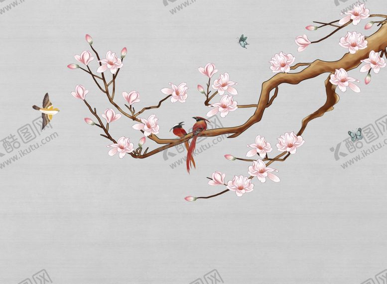 编号：28459006250907213866【酷图网】源文件下载-工笔花鸟背景墙装饰画