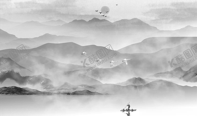 编号：88053306170613419605【酷图网】源文件下载-水墨山水小船背景墙