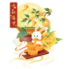 中秋佳节灯笼玉兔月圆月饼