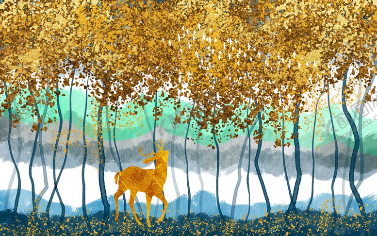 编号：54158110170208131814【酷图网】源文件下载-森林麋鹿背景墙