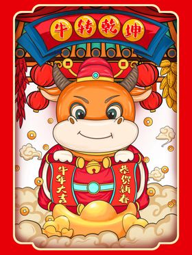 创意生肖牛拟人财神爷手绘卡通