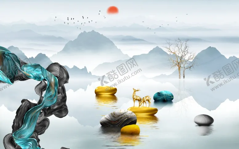 编号：60776506240839247555【酷图网】源文件下载-北欧麋鹿山水背景墙