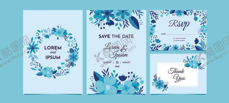 编号：74816411021752531048【酷图网】源文件下载-蓝花装饰婚礼请柬卡片