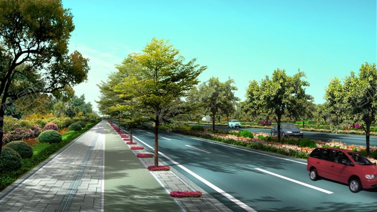 编号：21243007030324068058【酷图网】源文件下载-清河东路道路绿化景观效果图