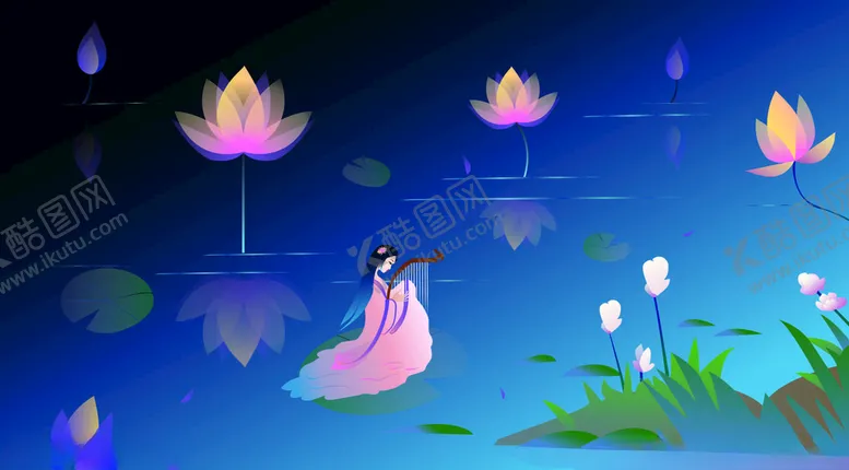 编号：61441904190625222893【酷图网】源文件下载-月夜水上弹奏矢量插画