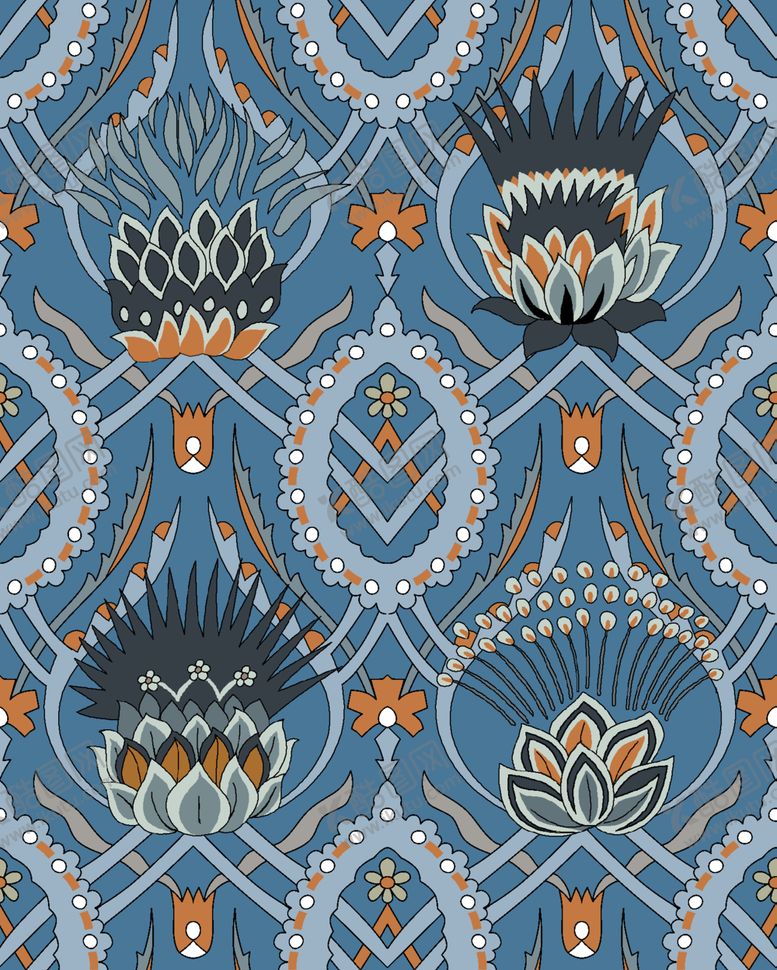 编号：10688901042127196272【酷图网】源文件下载-大牌蓝色花卉几何图案