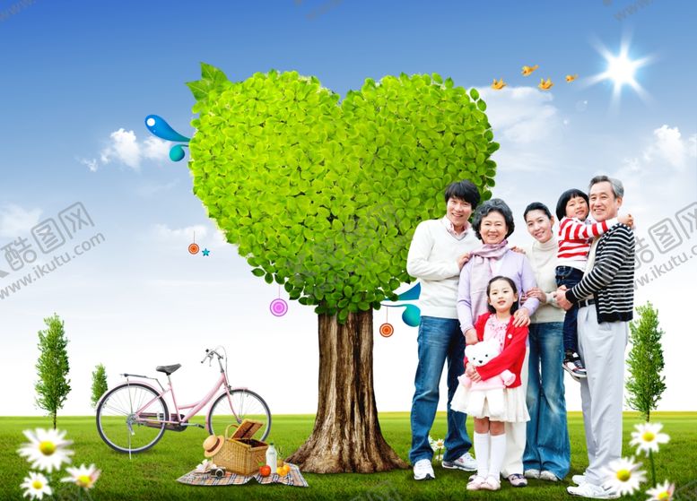 编号：36705410070846219363【酷图网】源文件下载-心形树一家人绿色树叶环