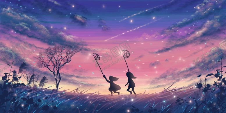 编号：22518509250350342267【酷图网】源文件下载-夏季夜晚人物插画合成背景素材