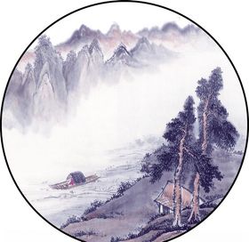 新中式意境水墨山水画圆形装饰