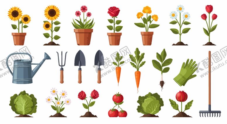 编号：12395512312119514157【酷图网】源文件下载-园艺工具与花朵