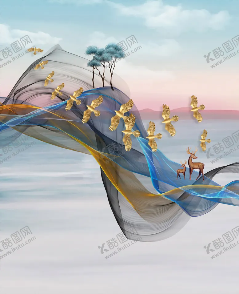 编号：48930609200842394795【酷图网】源文件下载-新中式金色麋鹿