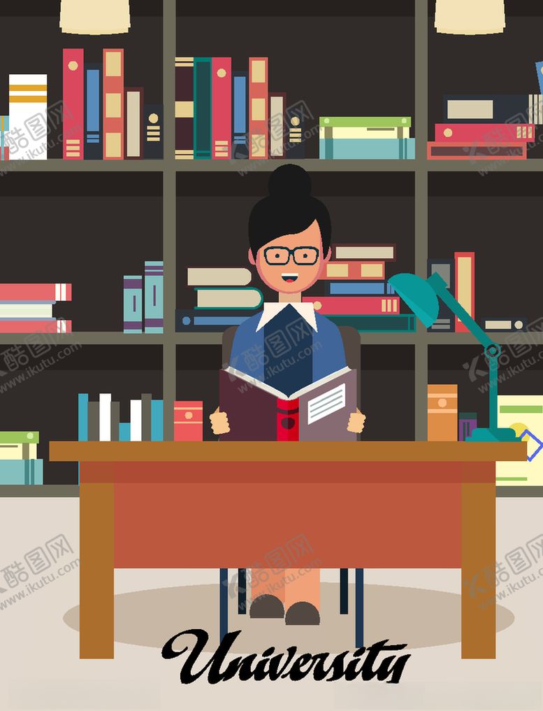 编号：94877910021034107692【酷图网】源文件下载-创意大学图书馆读书的女子