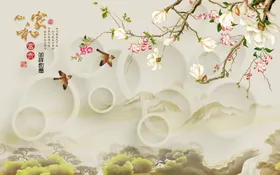 家和富贵新中式创意背景风景壁画