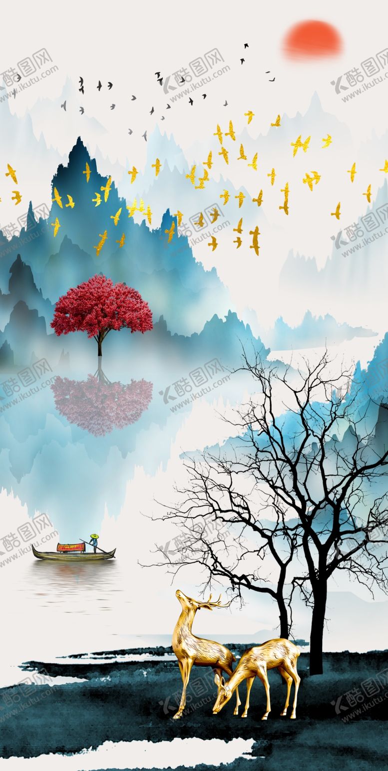 编号：46168509240524119129【酷图网】源文件下载-金色麋鹿山水玄关画