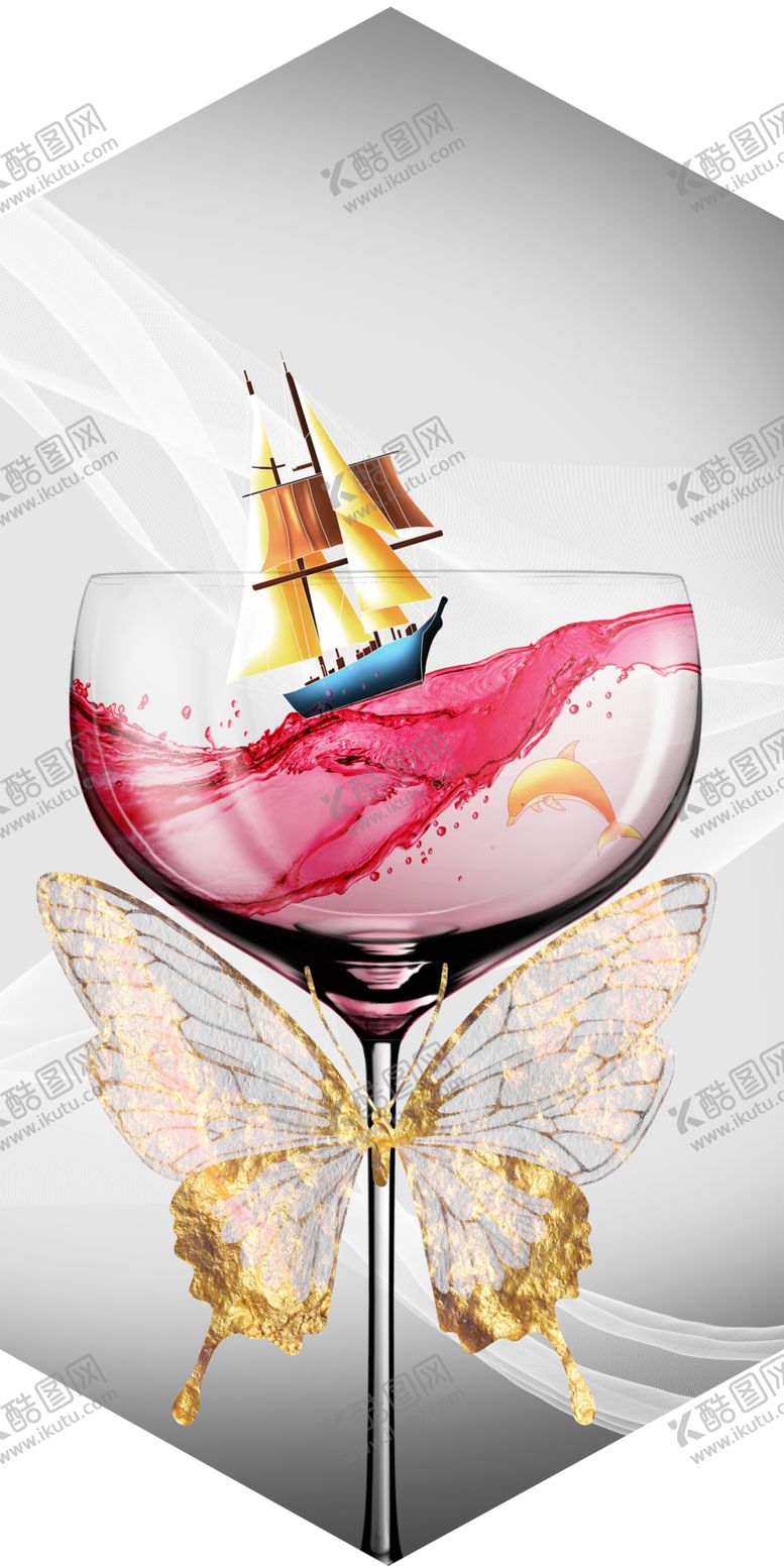 编号：85795509261626125292【酷图网】源文件下载-新中式帆船酒杯大海蝴蝶装饰画