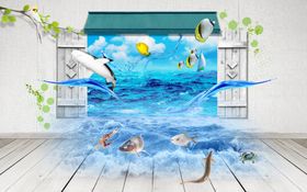 海边波浪鱼背景墙