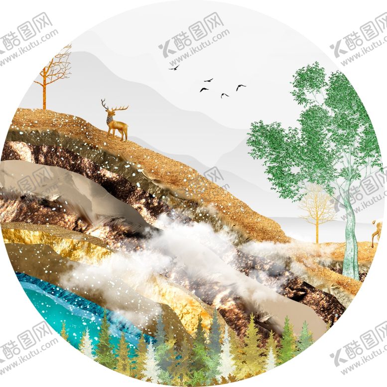 编号：90855701170435045994【酷图网】源文件下载-山脉麋鹿圆形挂画装饰画