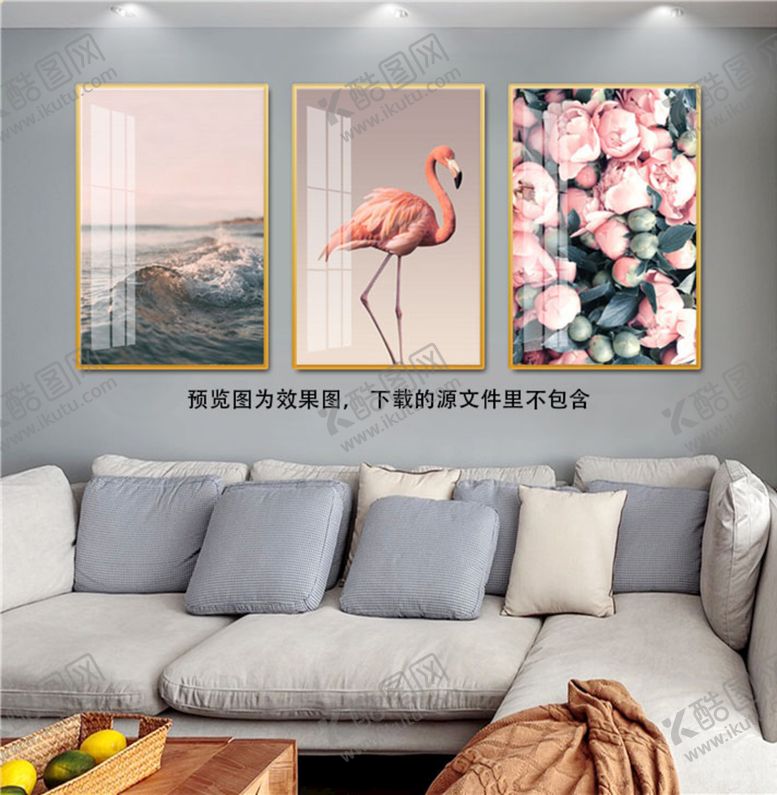 编号：96278810270603378092【酷图网】源文件下载-火烈鸟花卉风景画三联挂画装饰画