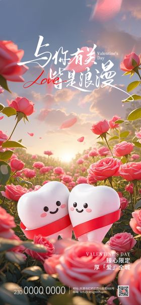 粉色浪漫玫瑰爱心情人节口腔海报