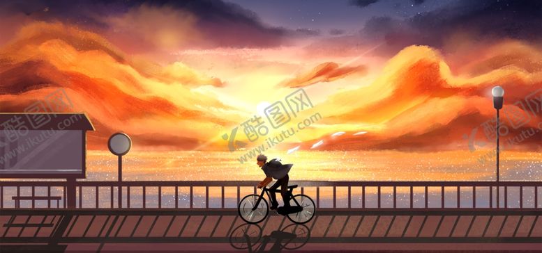 编号：85018209240032384604【酷图网】源文件下载-夕阳下的单车少年插画