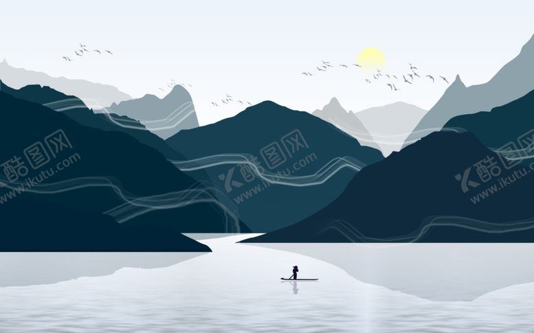 编号：72802609180743107434【酷图网】源文件下载-水墨山水小船背景墙